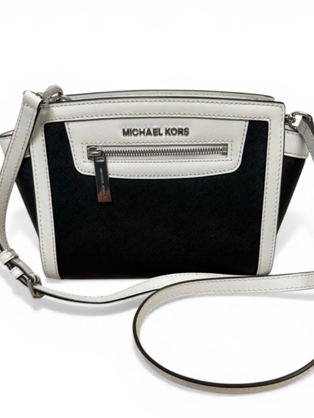 Michael Kors Black and White Leather-Trim Crossbody